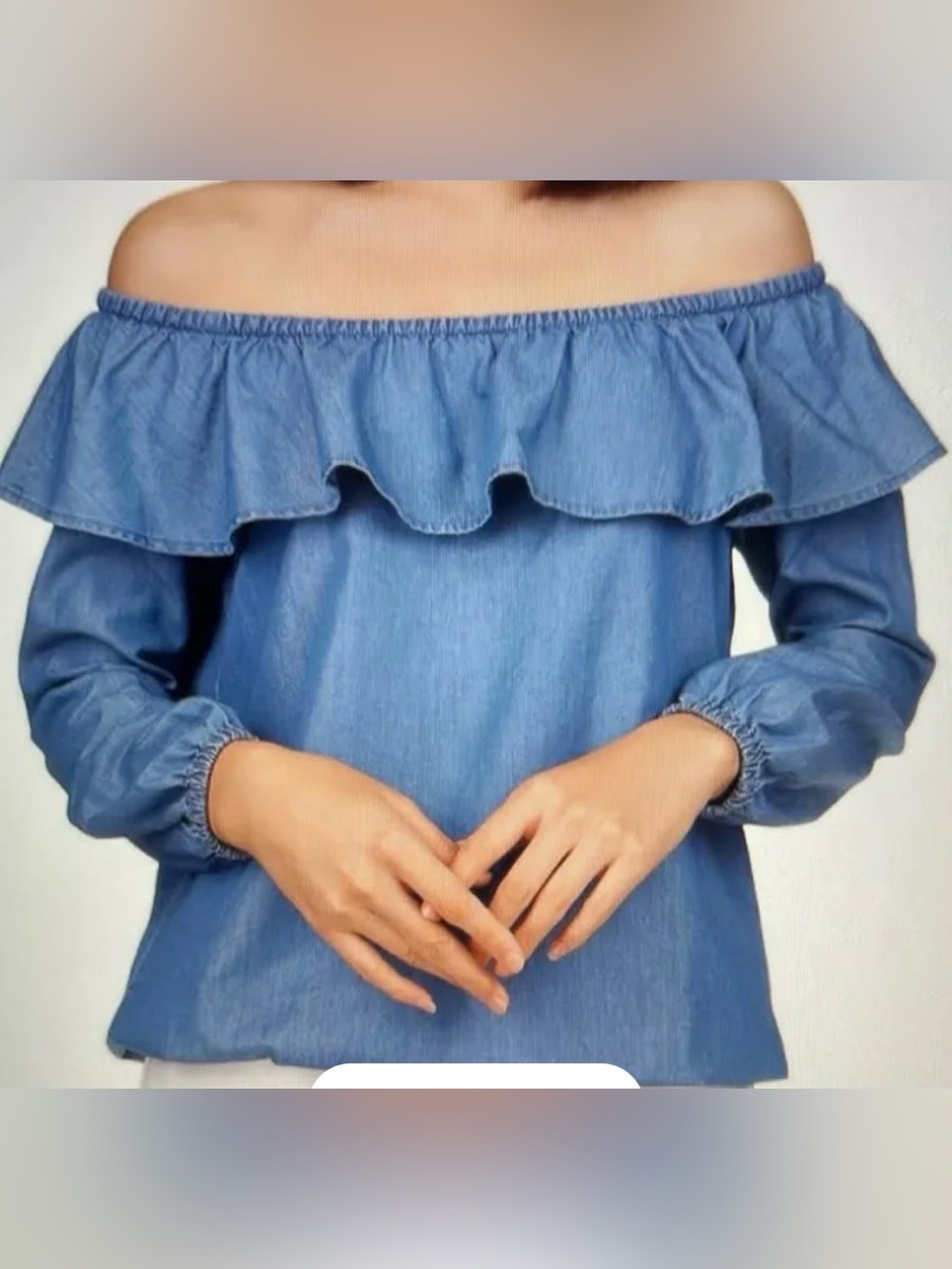 MICHAEL Michael Kors Chambray Off-the-Shoulder Ruffle Top in Light Blue